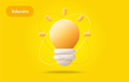 Illustration of a light bulb with orbiting lines and glowing shapes on a yellow background, with a label that reads